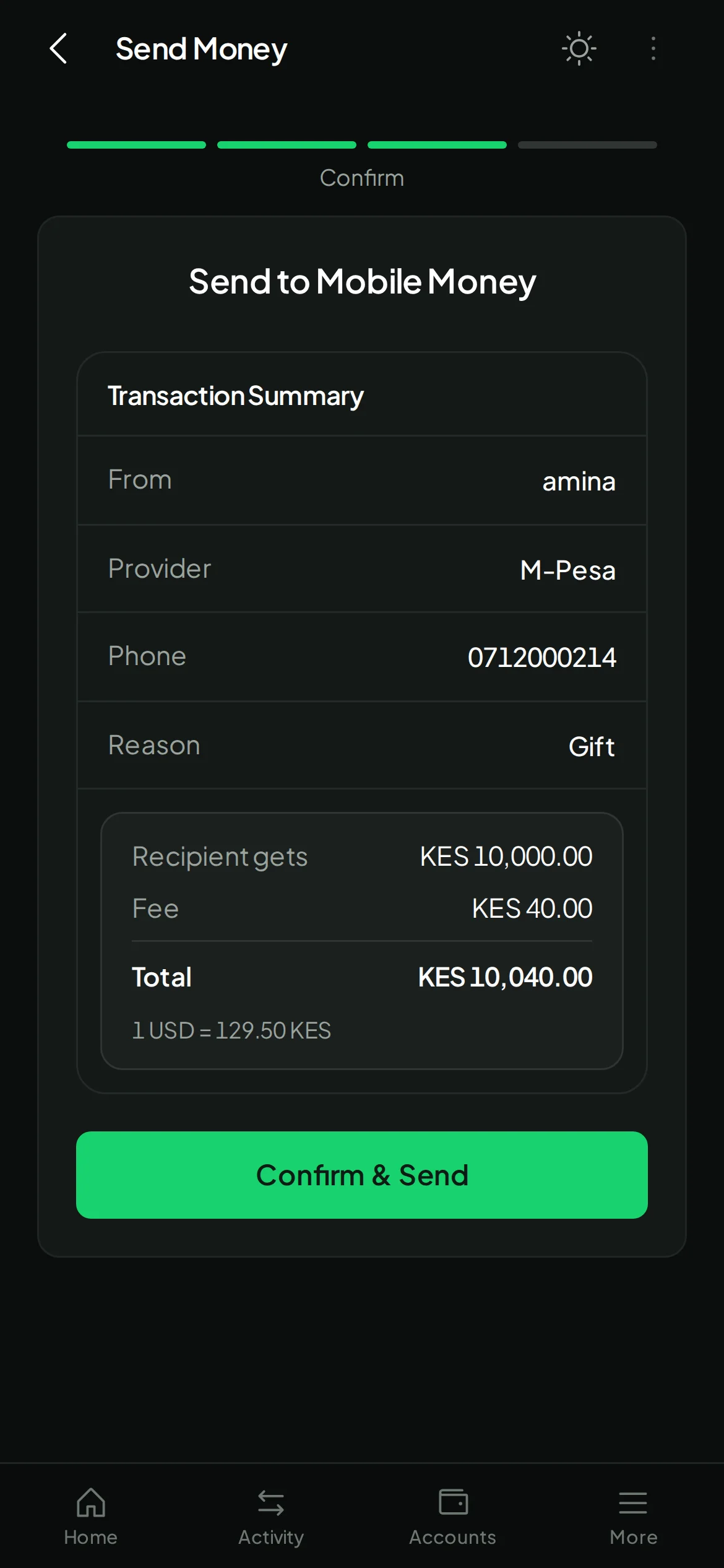 Confirming a KES 10,000 M-Pesa payment with a KES 40 fee in the Payd app