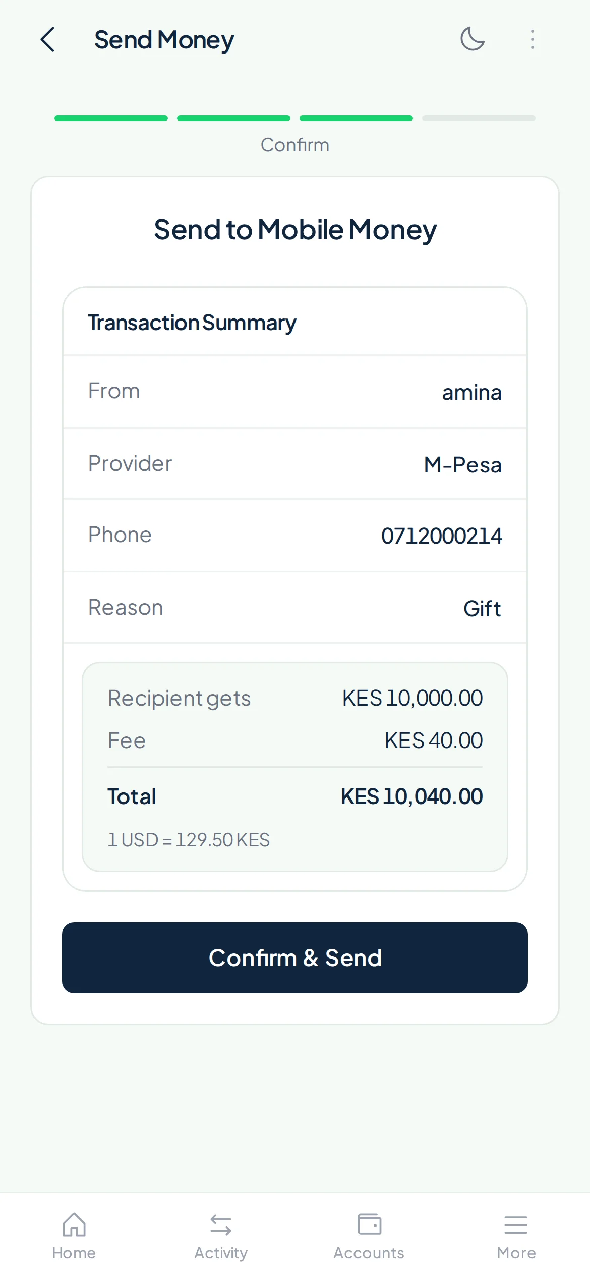 Confirming a KES 10,000 M-Pesa payment with a KES 40 fee in the Payd app