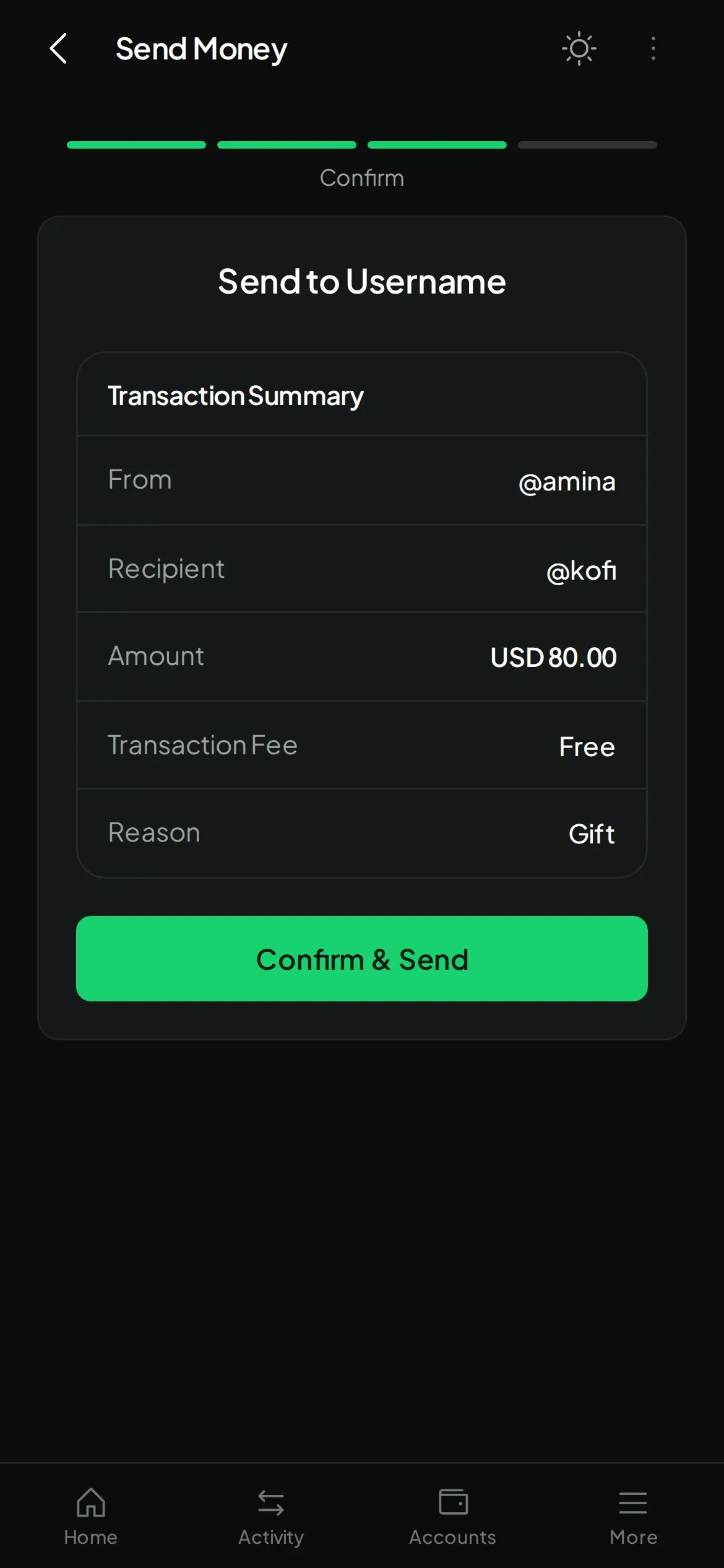 Sending $80 to @kofi for free in the Payd app